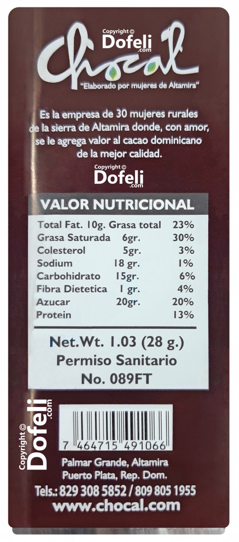 Dominican Republic 70% cocoa chocolate bar crafted by Chocal with organic and traditional methods.